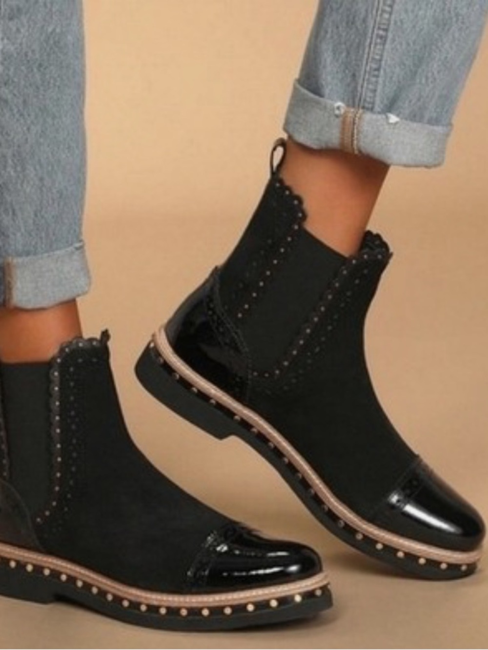 Free People Atlas black patent suede studded Chelsea boots